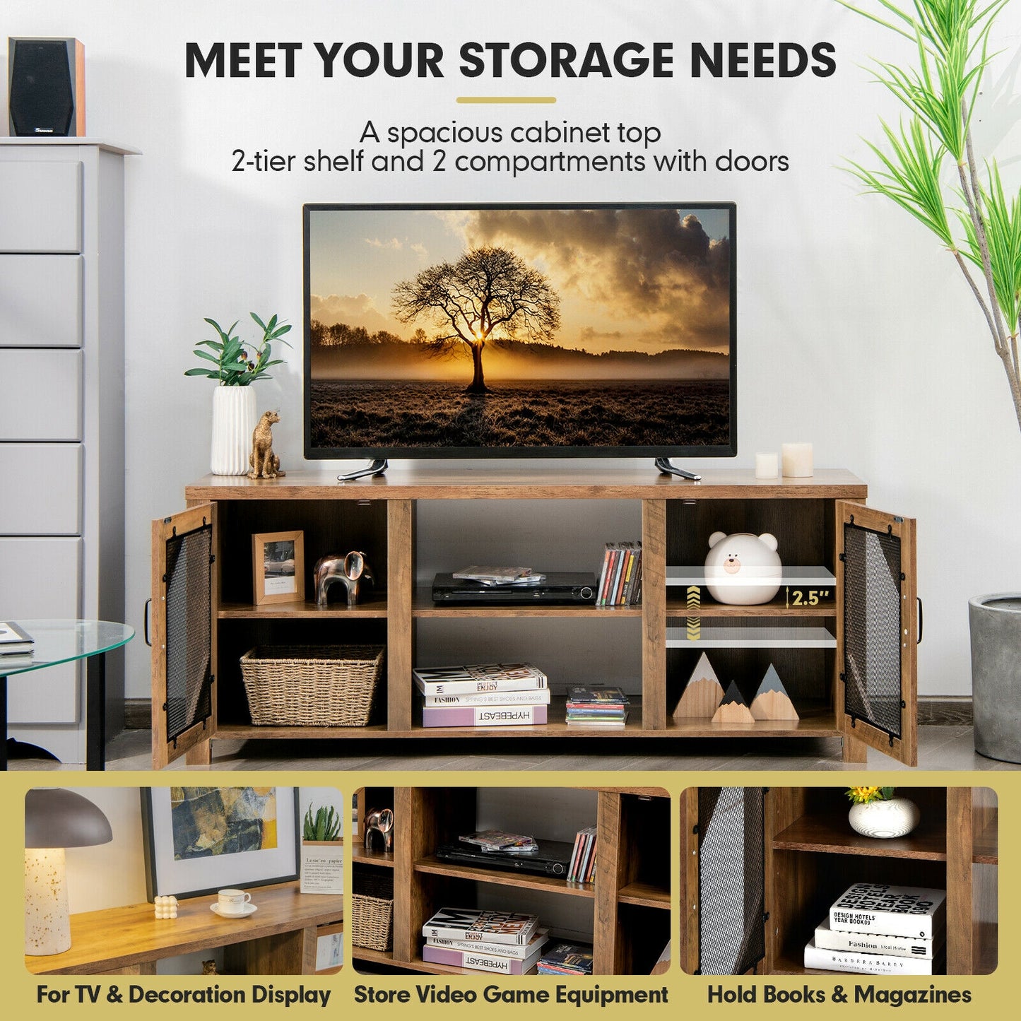 Industrial TV Console with Mesh Door Cabinets and Adjustable Storage for TVs up to 65 Inches