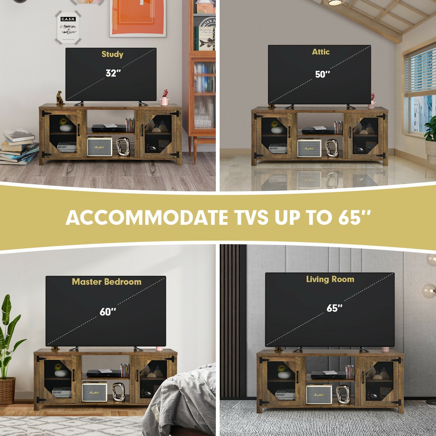 Industrial TV Console with Mesh Door Cabinets and Adjustable Storage for TVs up to 65 Inches