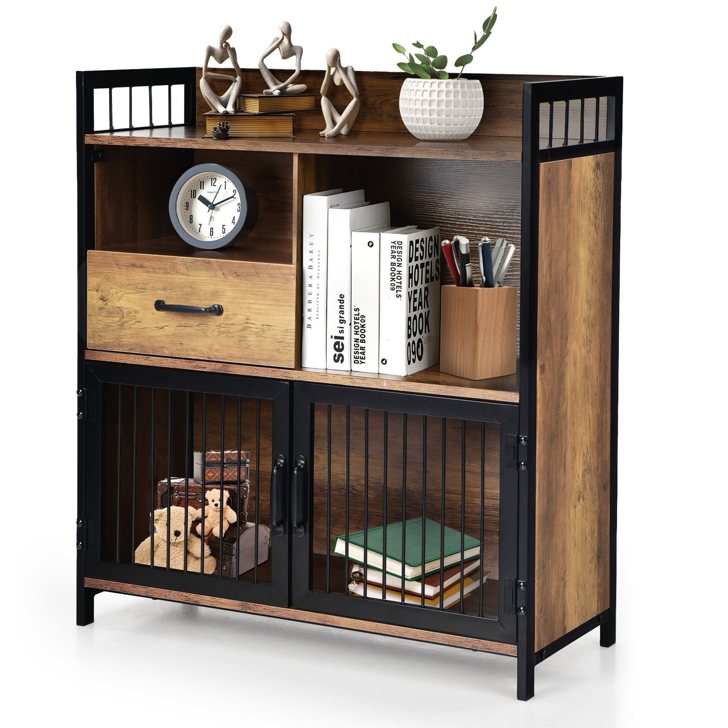 Modern Buffet Server Cabinet with Storage Drawer and Steel Mesh Doors