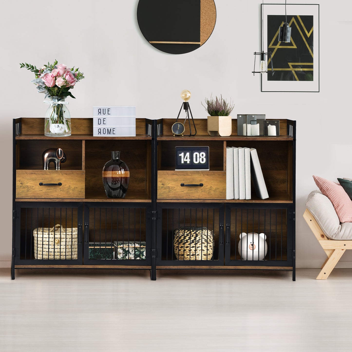 Modern Buffet Server Cabinet with Storage Drawer and Steel Mesh Doors
