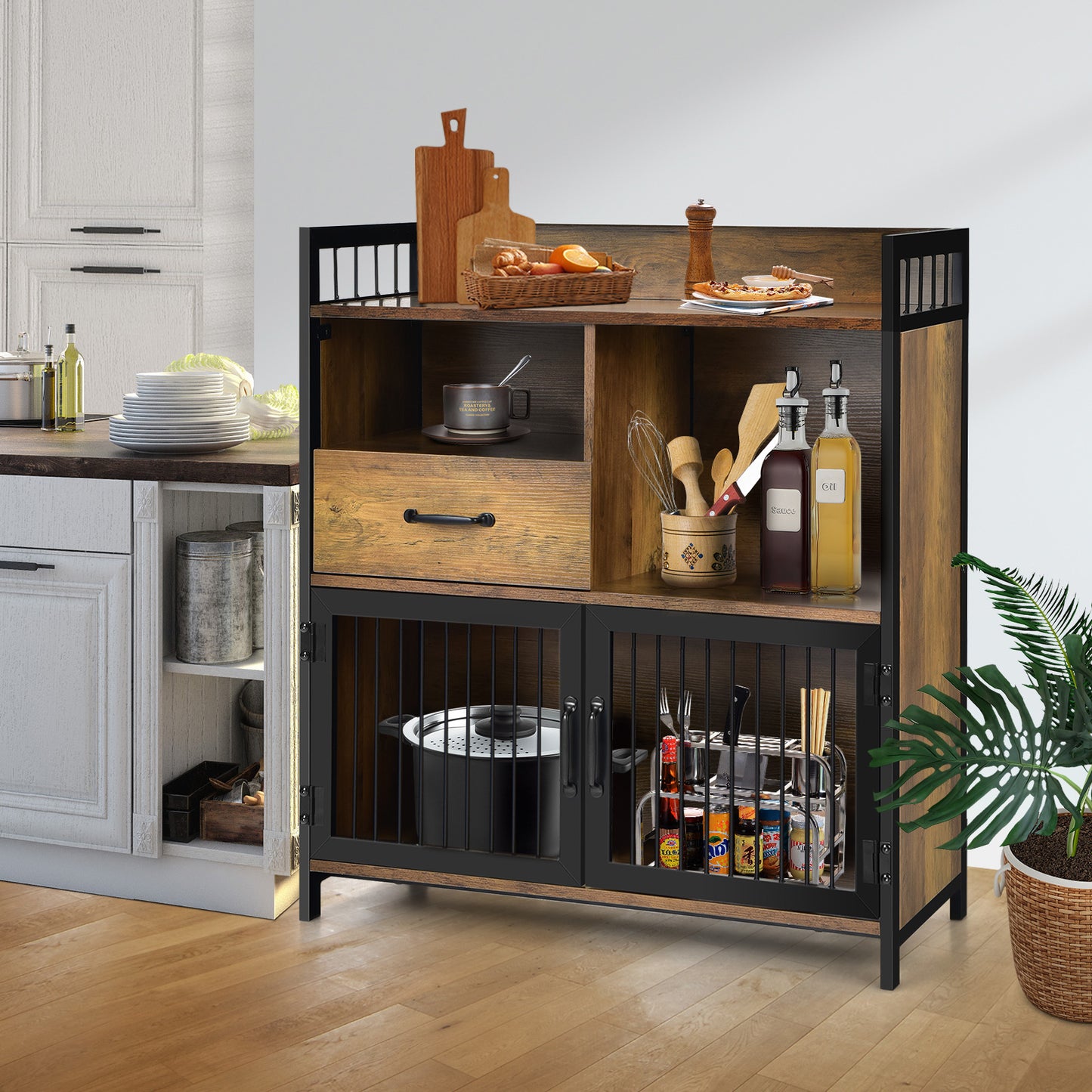 Modern Buffet Server Cabinet with Storage Drawer and Steel Mesh Doors