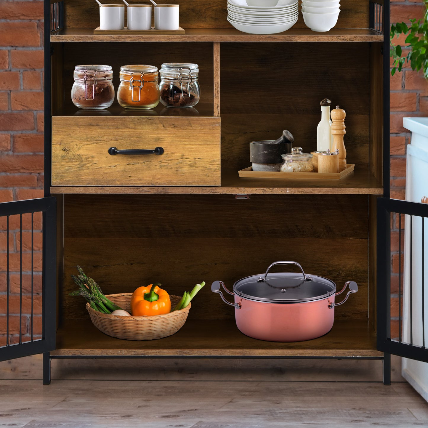 Modern Buffet Server Cabinet with Storage Drawer and Steel Mesh Doors
