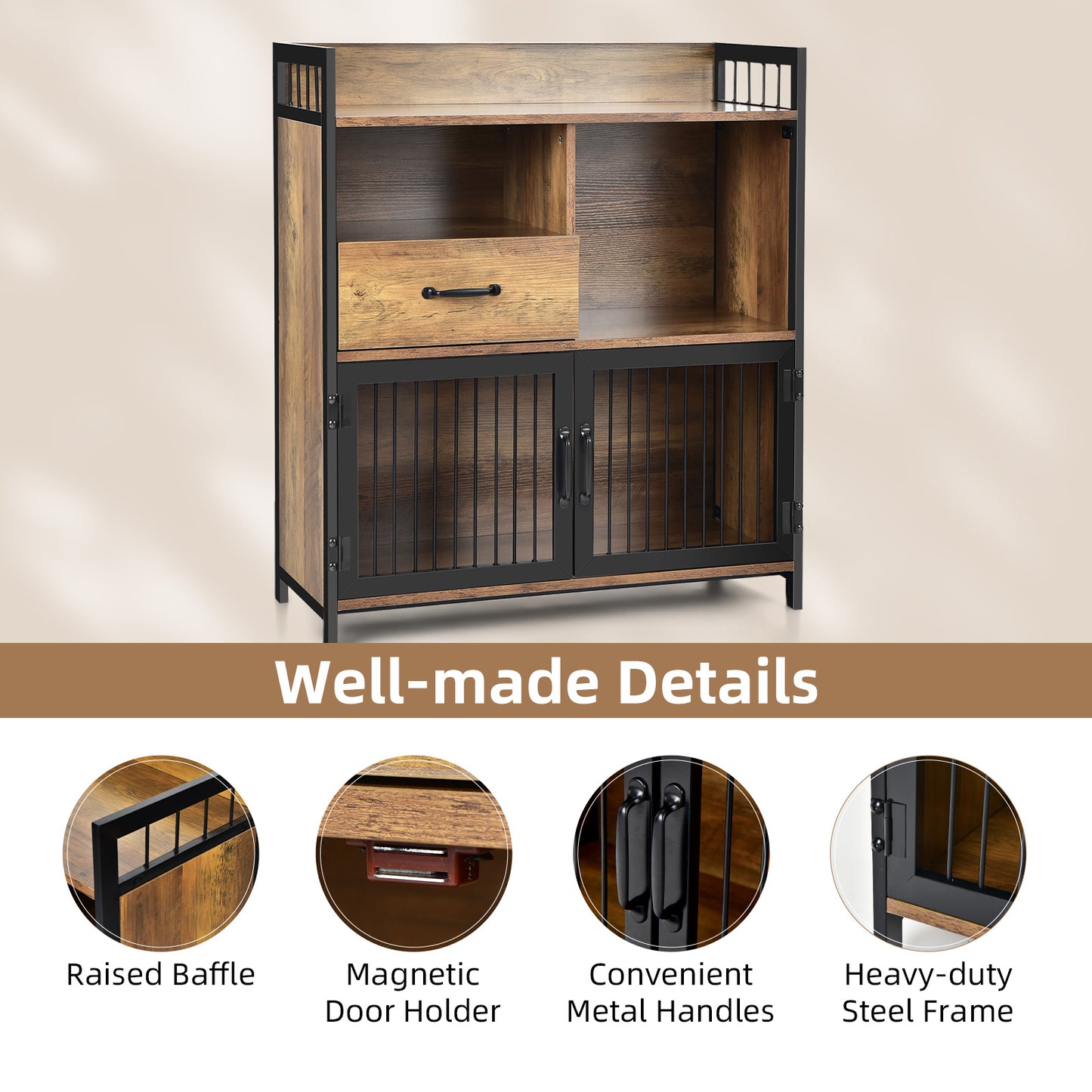 Modern Buffet Server Cabinet with Storage Drawer and Steel Mesh Doors