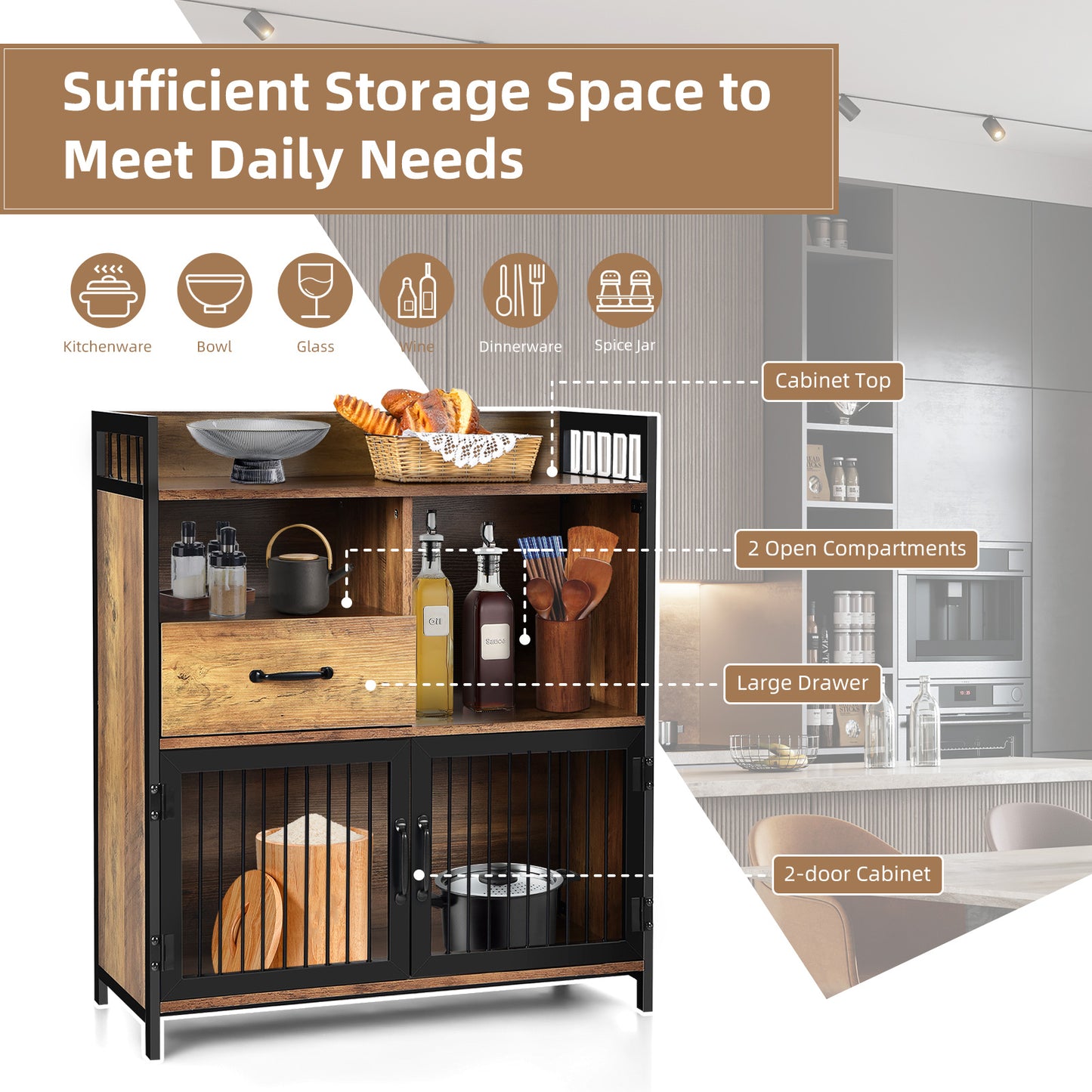 Modern Buffet Server Cabinet with Storage Drawer and Steel Mesh Doors