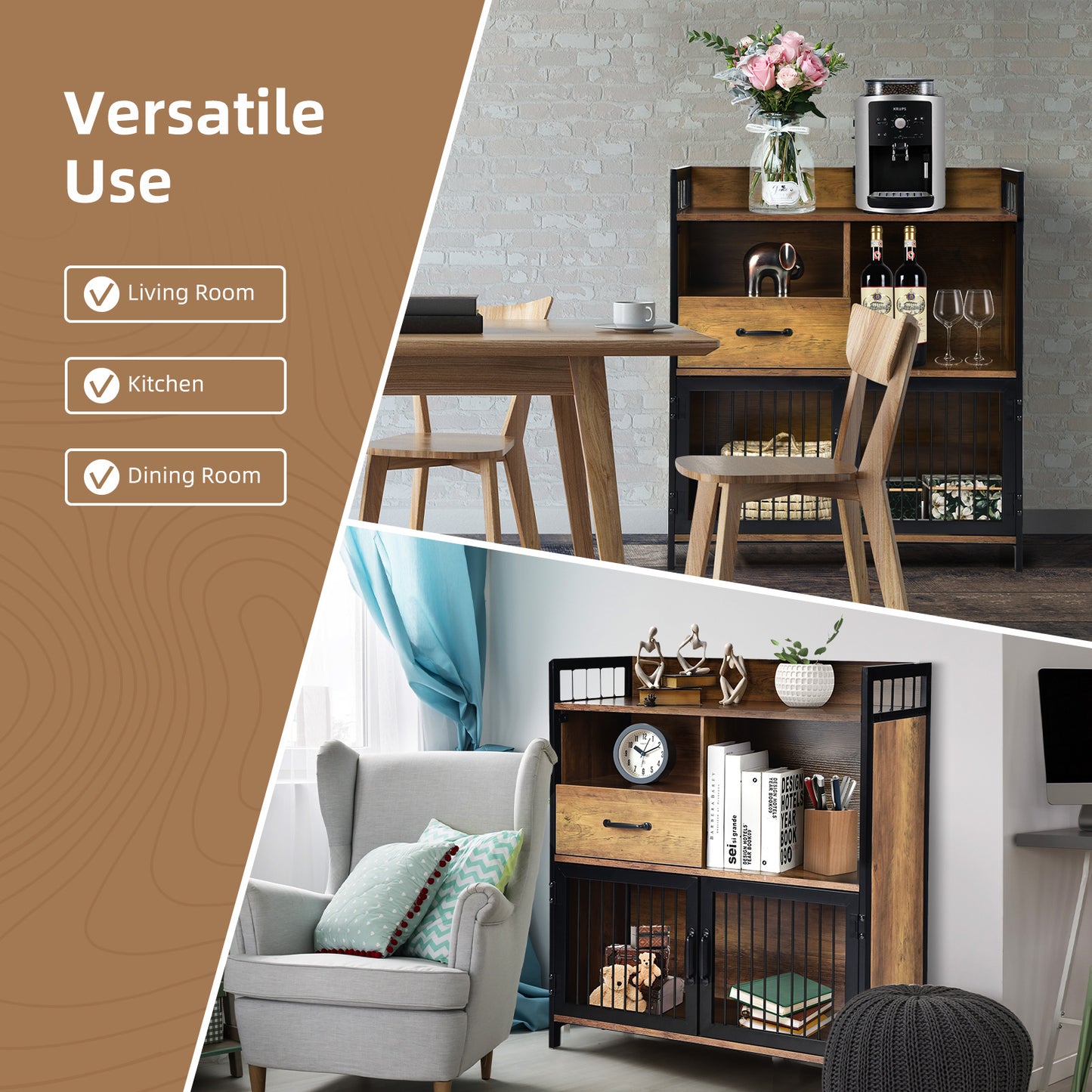 Modern Buffet Server Cabinet with Storage Drawer and Steel Mesh Doors