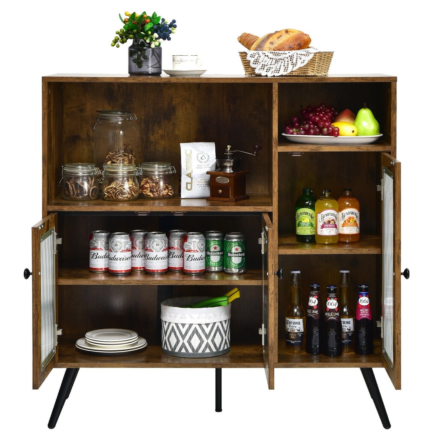 Industrial Buffet Cabinet with Glass Doors Adjustable Shelves and Open Storage