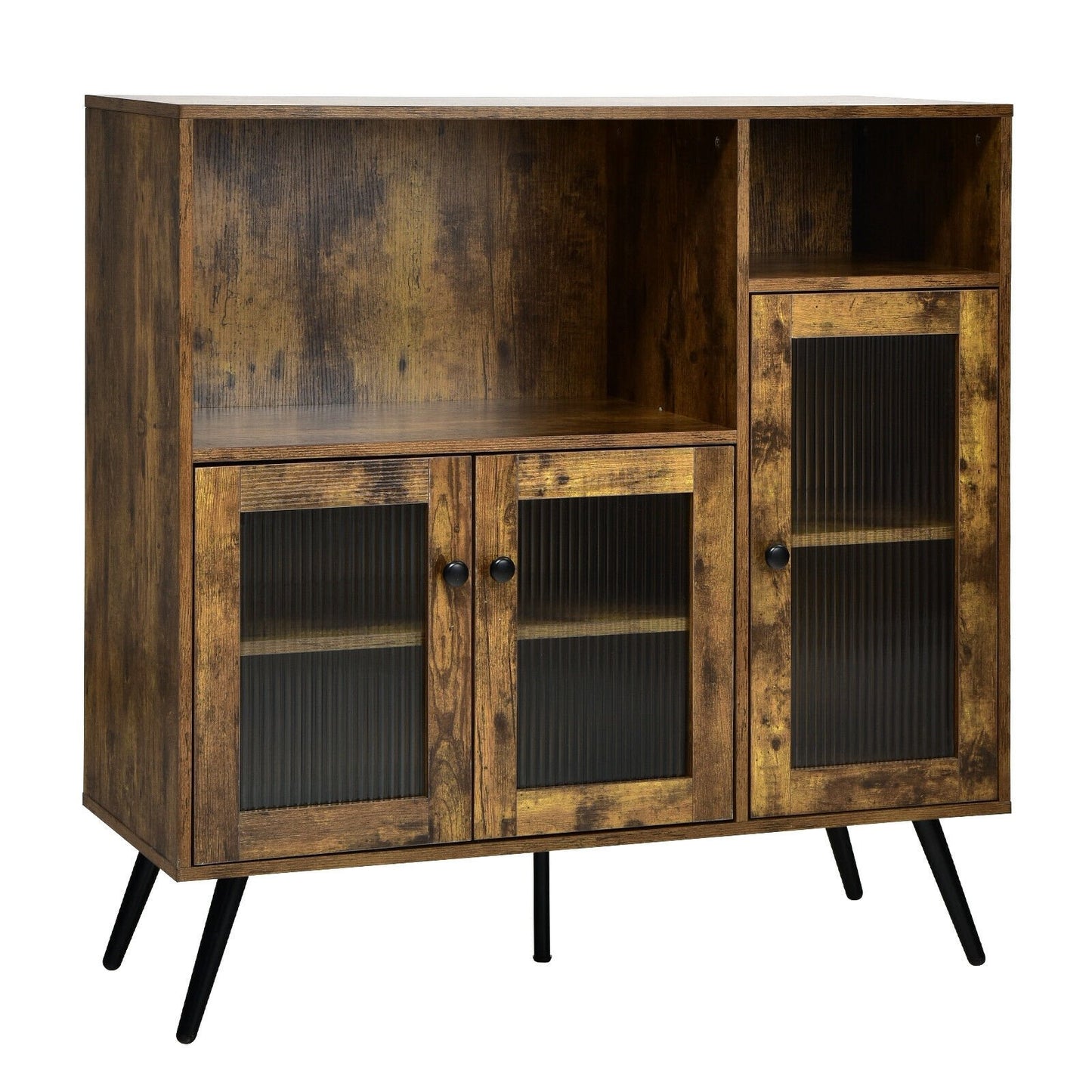 Industrial Buffet Cabinet with Glass Doors Adjustable Shelves and Open Storage