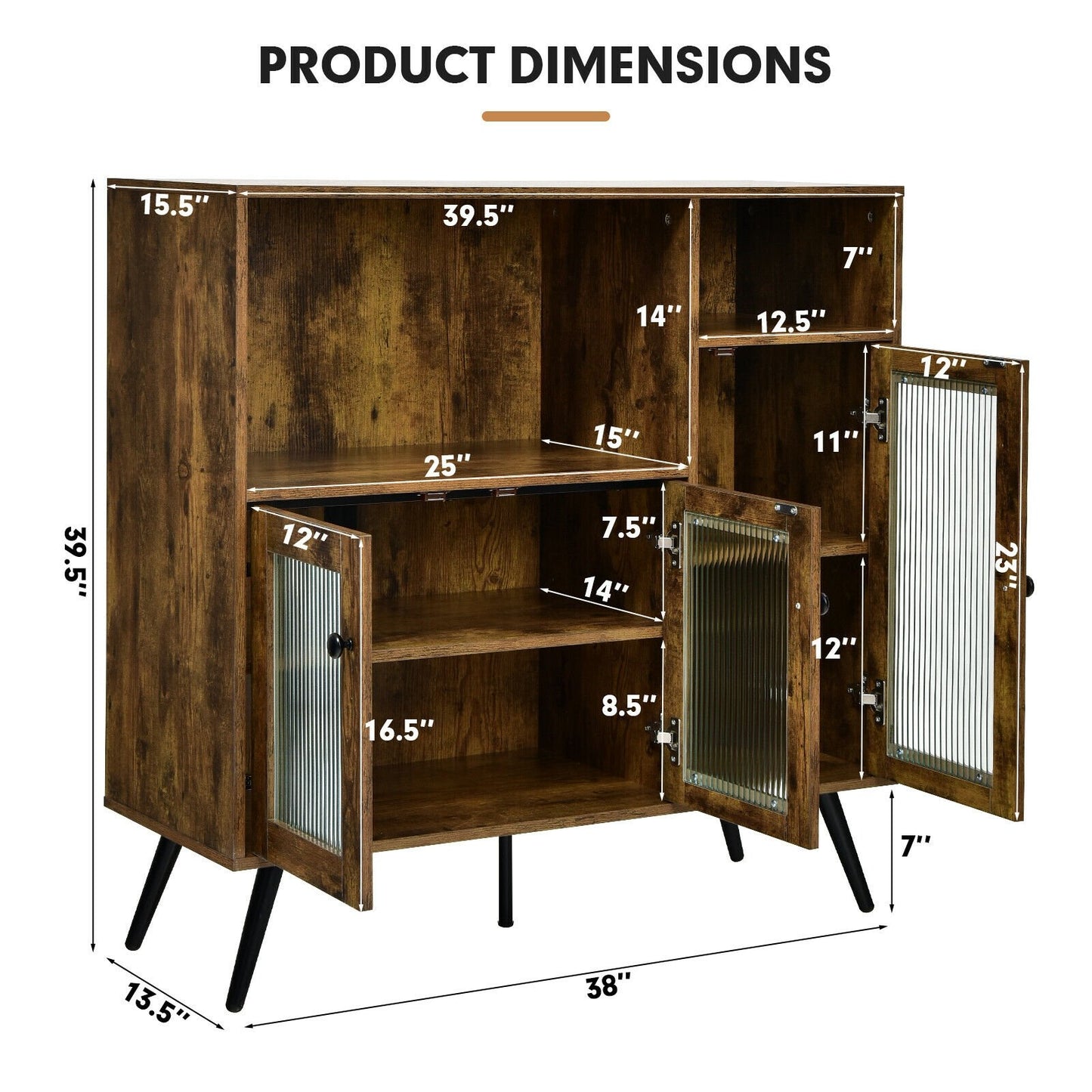Industrial Buffet Cabinet with Glass Doors Adjustable Shelves and Open Storage