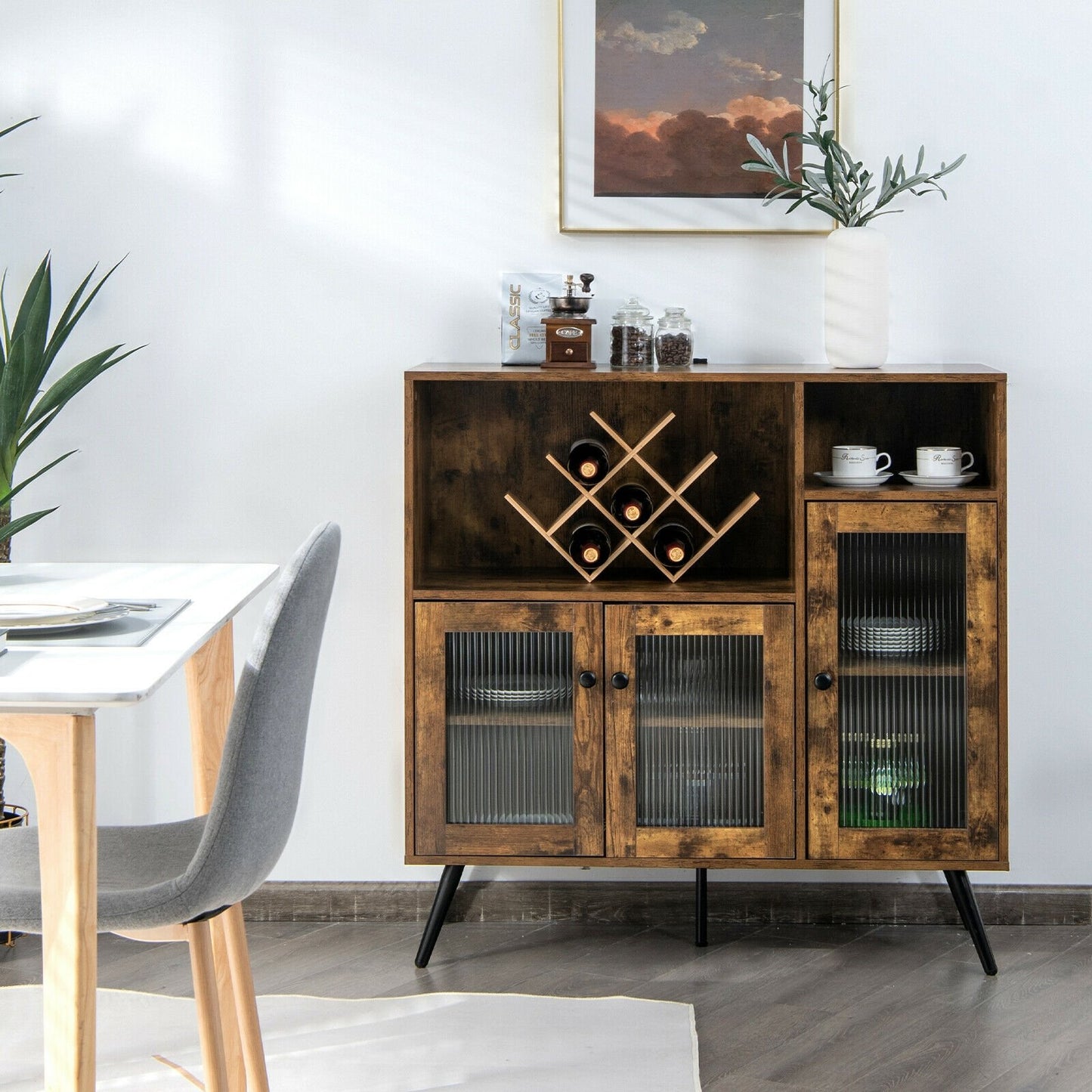 Industrial Buffet Cabinet with Glass Doors Adjustable Shelves and Open Storage