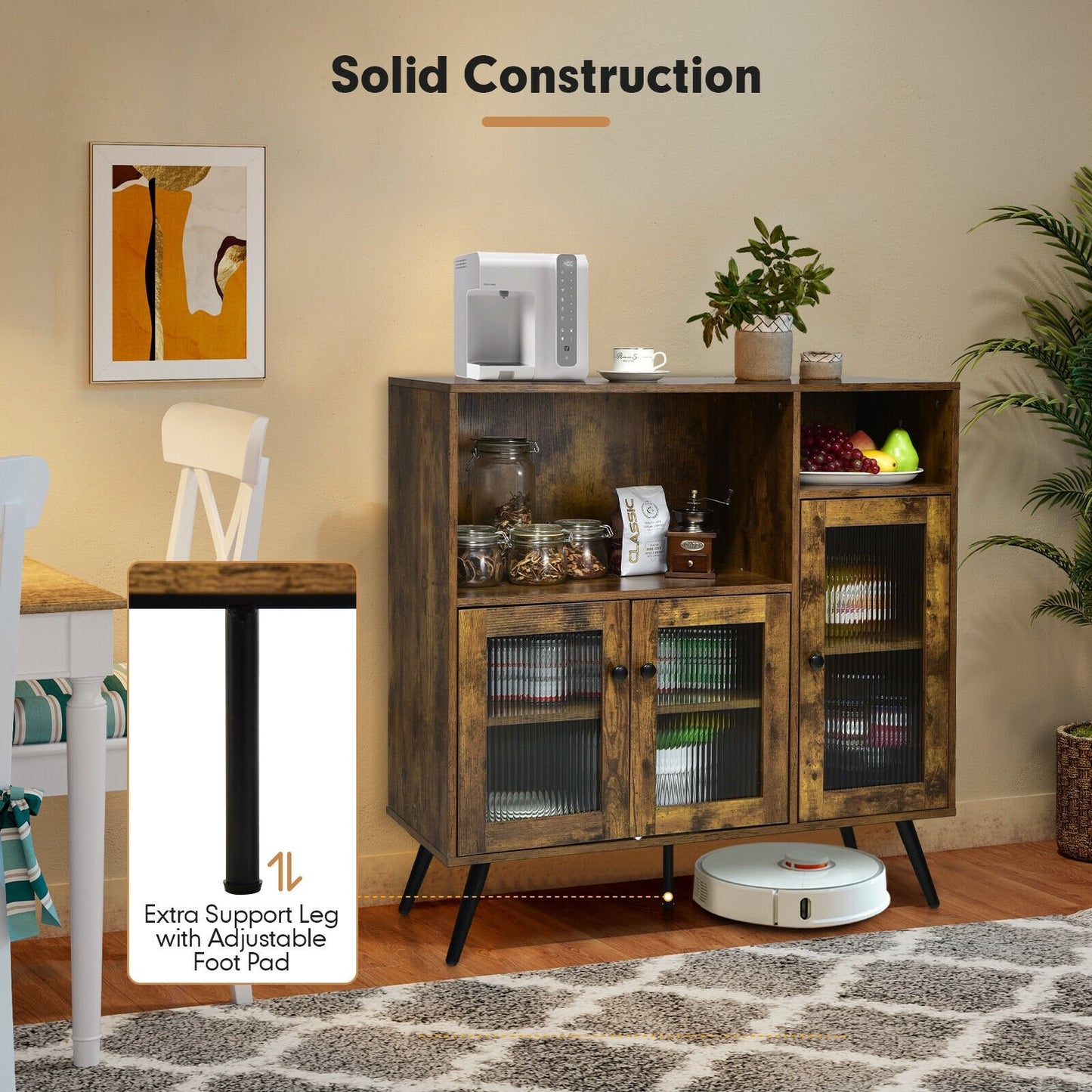Industrial Buffet Cabinet with Glass Doors Adjustable Shelves and Open Storage