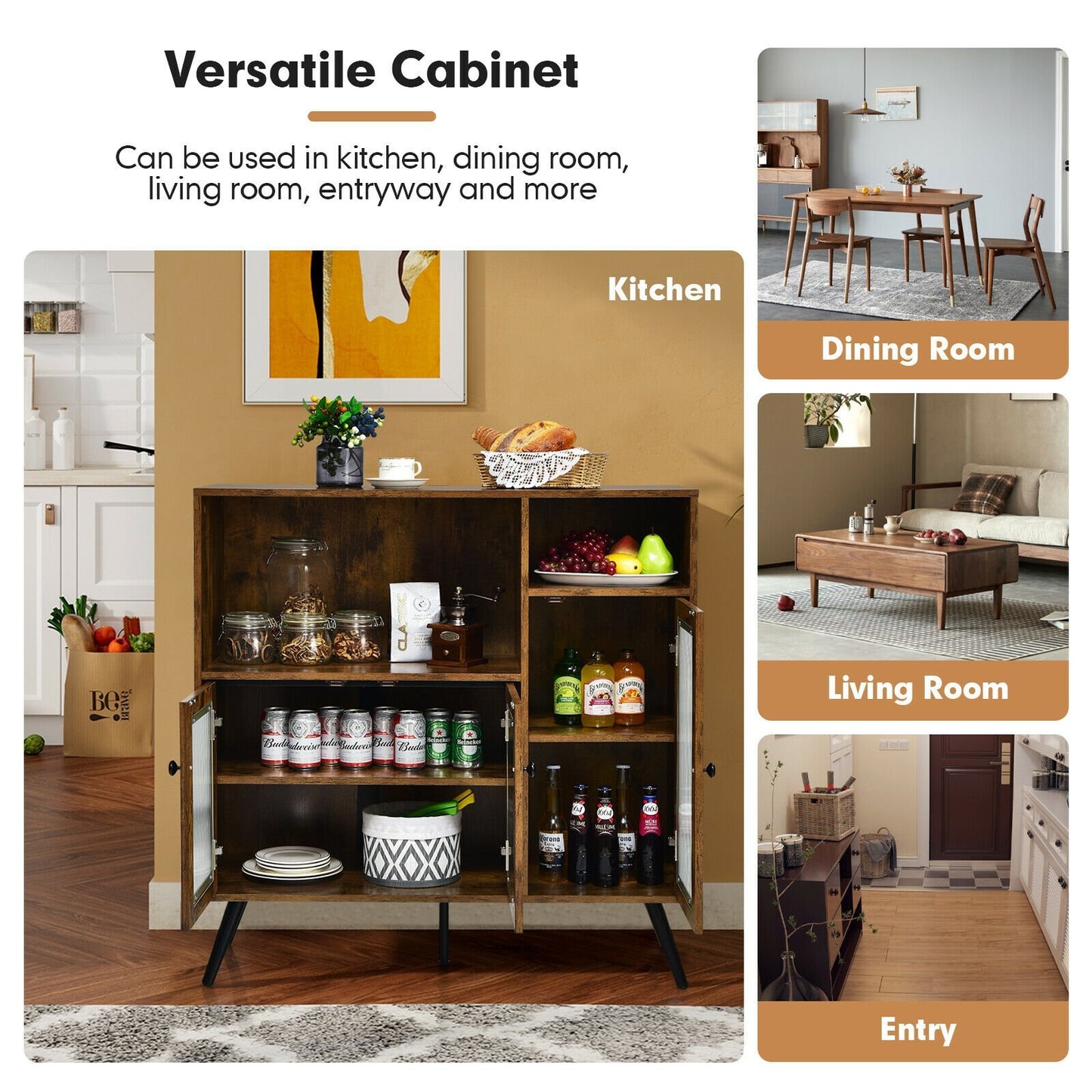 Industrial Buffet Cabinet with Glass Doors Adjustable Shelves and Open Storage