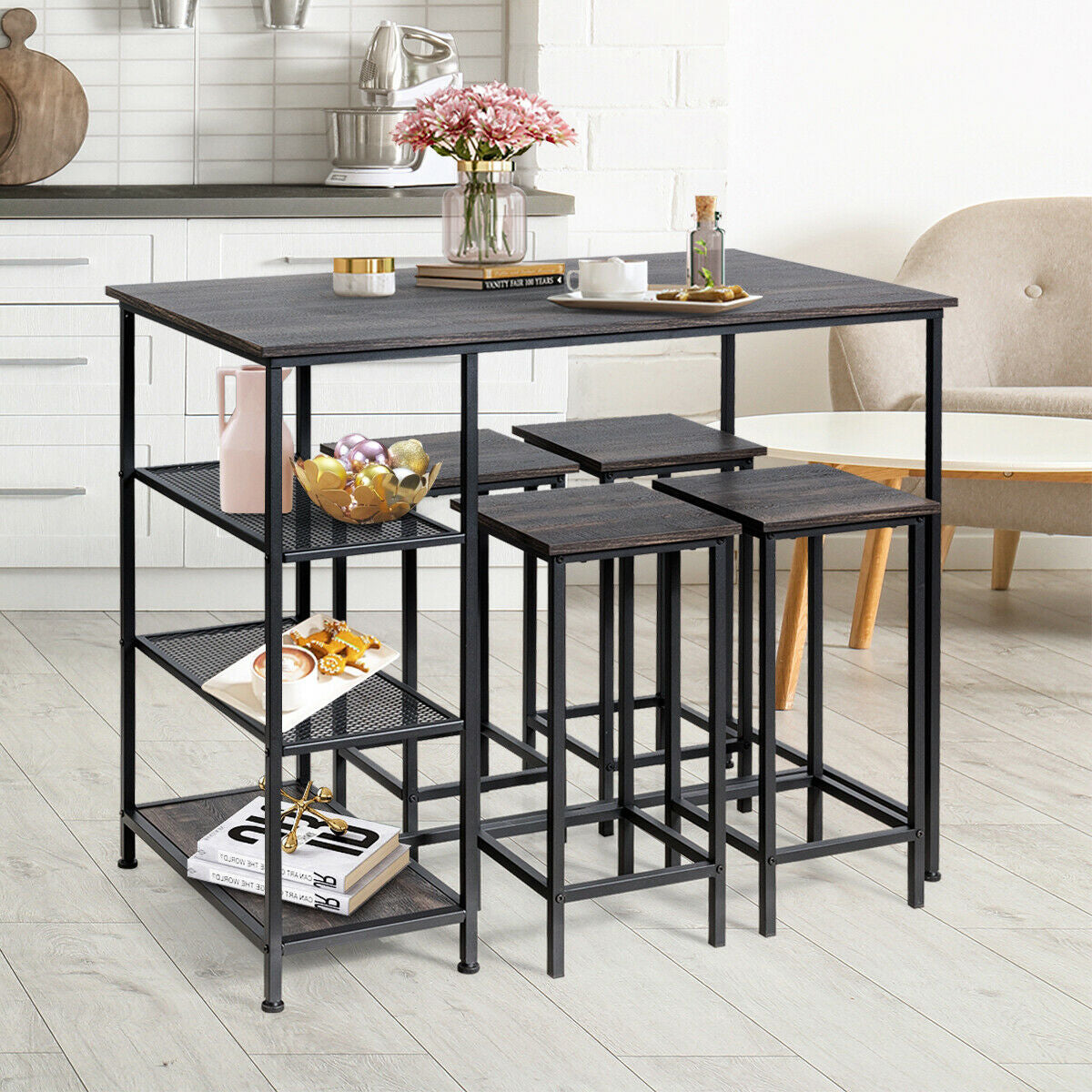 Set of 4 Vintage Style Bar Stools 24 Inch Counter Height Backless with Iron Frame and Wood Finish