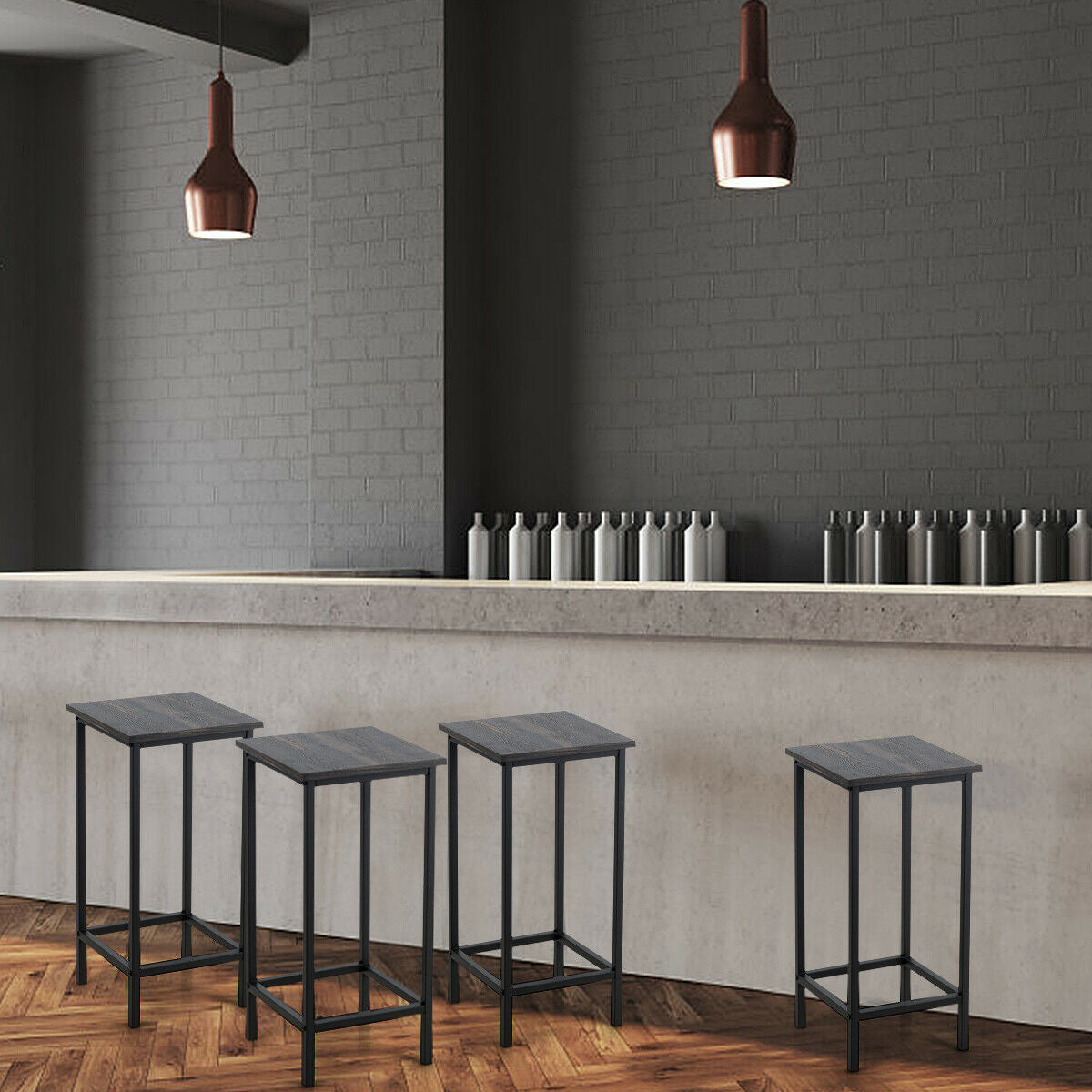 Set of 4 Vintage Style Bar Stools 24 Inch Counter Height Backless with Iron Frame and Wood Finish