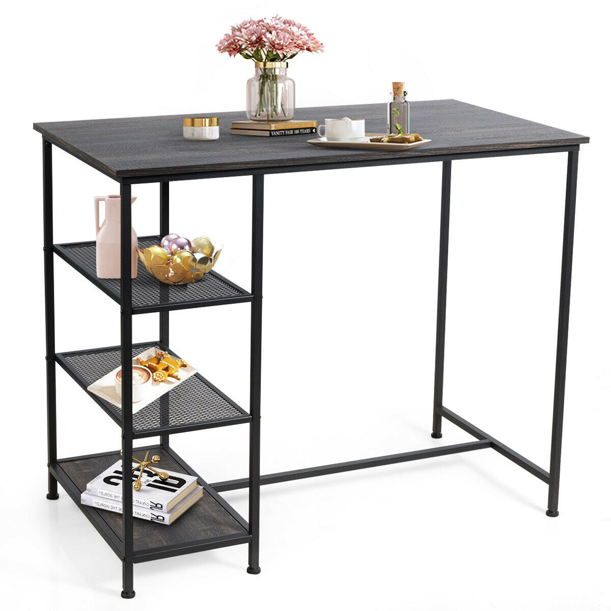 Modern Industrial Bar Table with Storage Shelves and Sturdy Metal Frame for Kitchen or Dining Room