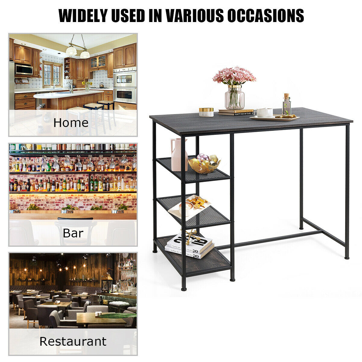 Modern Industrial Bar Table with Storage Shelves and Sturdy Metal Frame for Kitchen or Dining Room