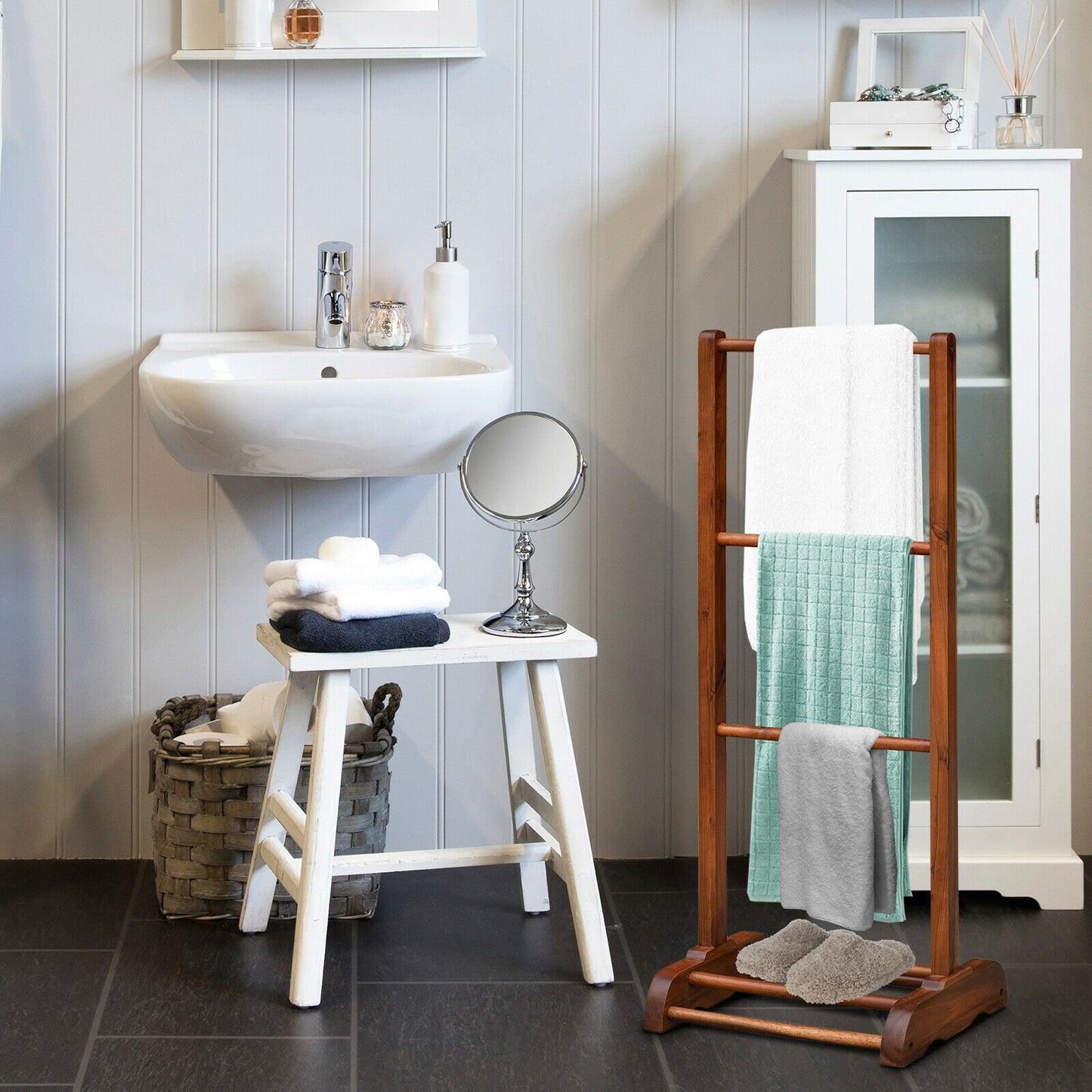 Freestanding Acacia Wood 3 Tier Towel Rack with Bottom Shelf