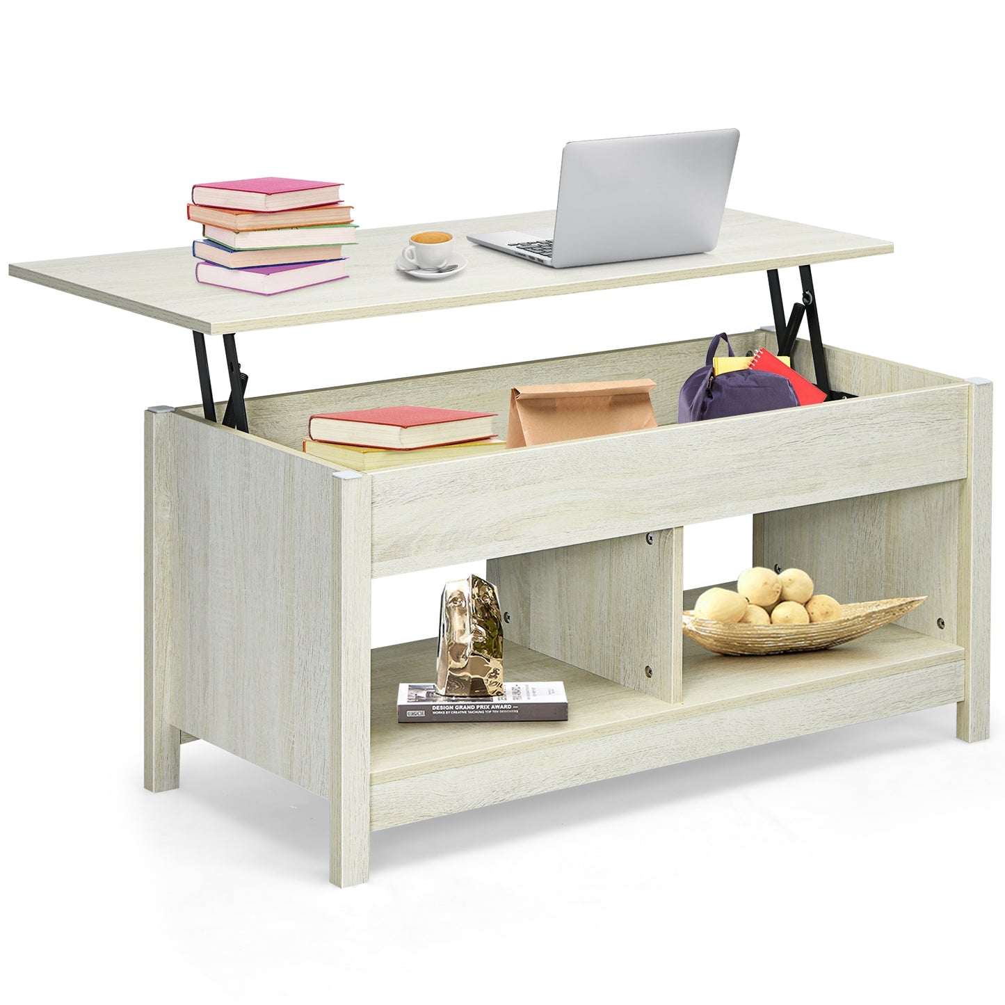 Adjustable Lift Top Coffee Table with Hidden Storage and Lower Shelves in White