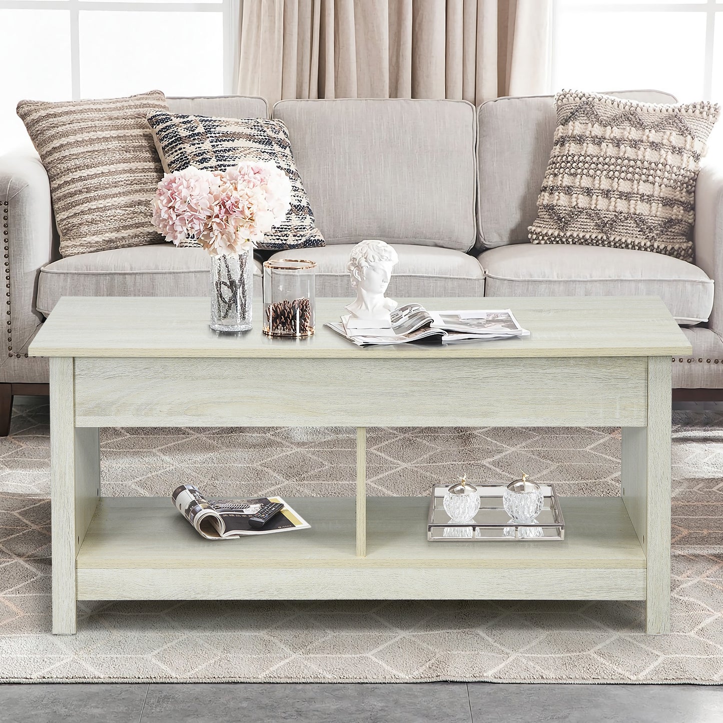 Adjustable Lift Top Coffee Table with Hidden Storage and Lower Shelves in White