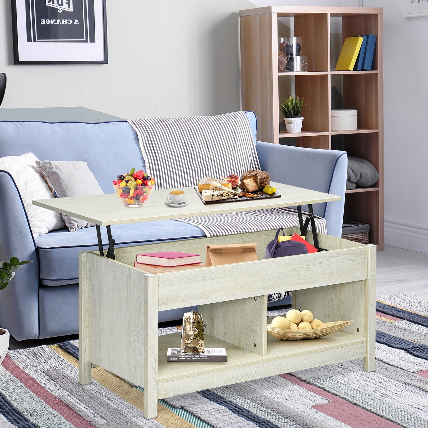 Adjustable Lift Top Coffee Table with Hidden Storage and Lower Shelves in White