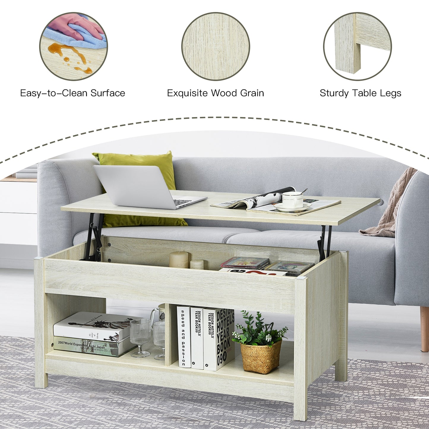 Adjustable Lift Top Coffee Table with Hidden Storage and Lower Shelves in White
