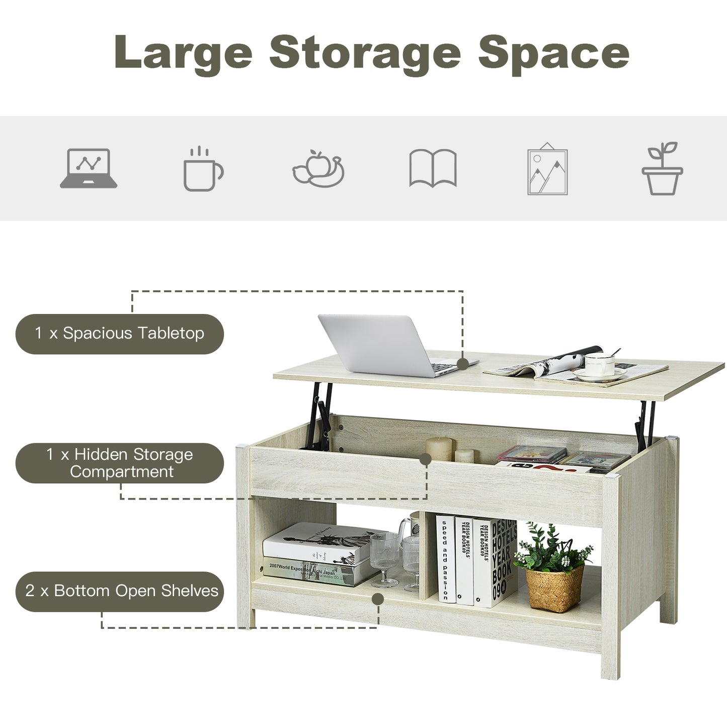 Adjustable Lift Top Coffee Table with Hidden Storage and Lower Shelves in White