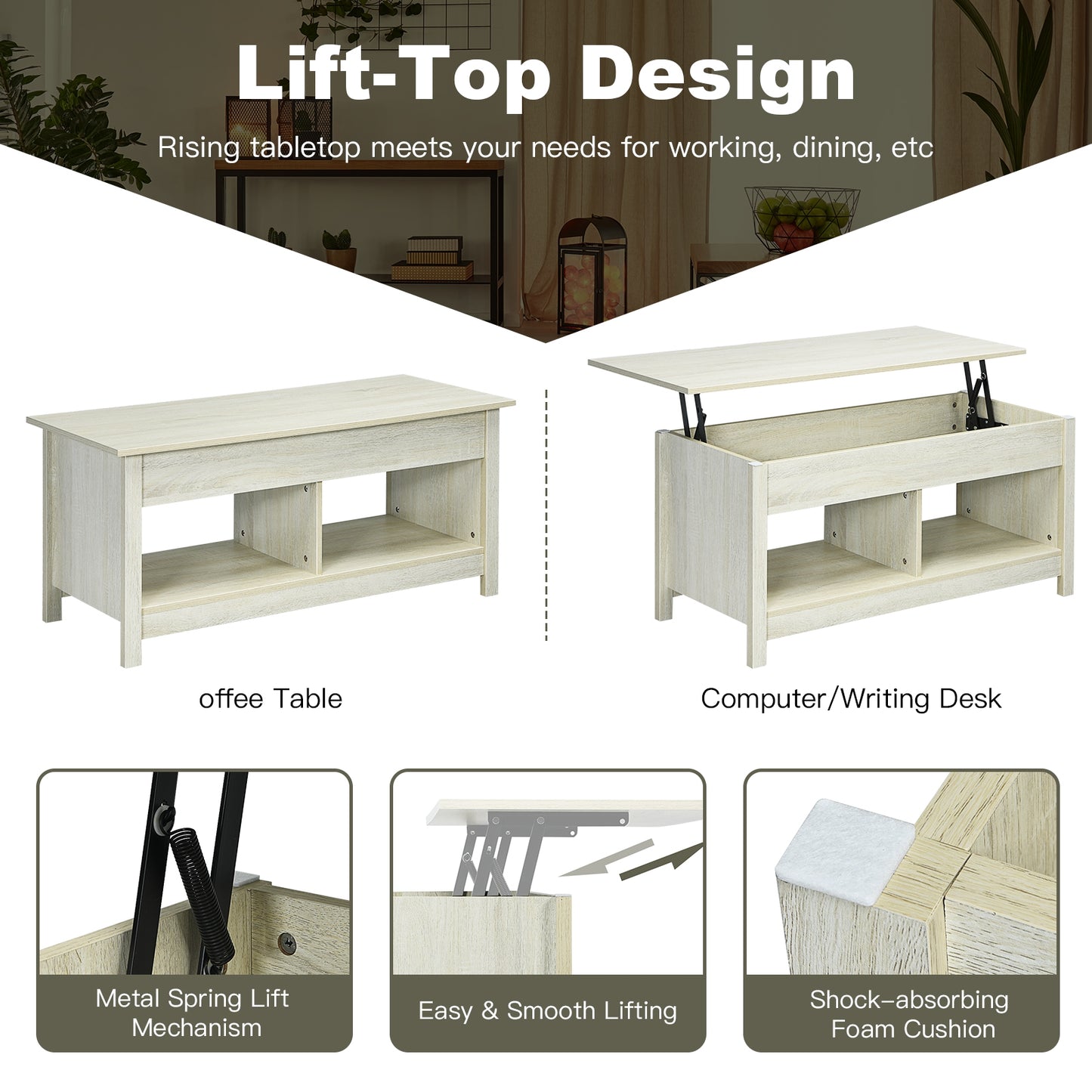 Adjustable Lift Top Coffee Table with Hidden Storage and Lower Shelves in White