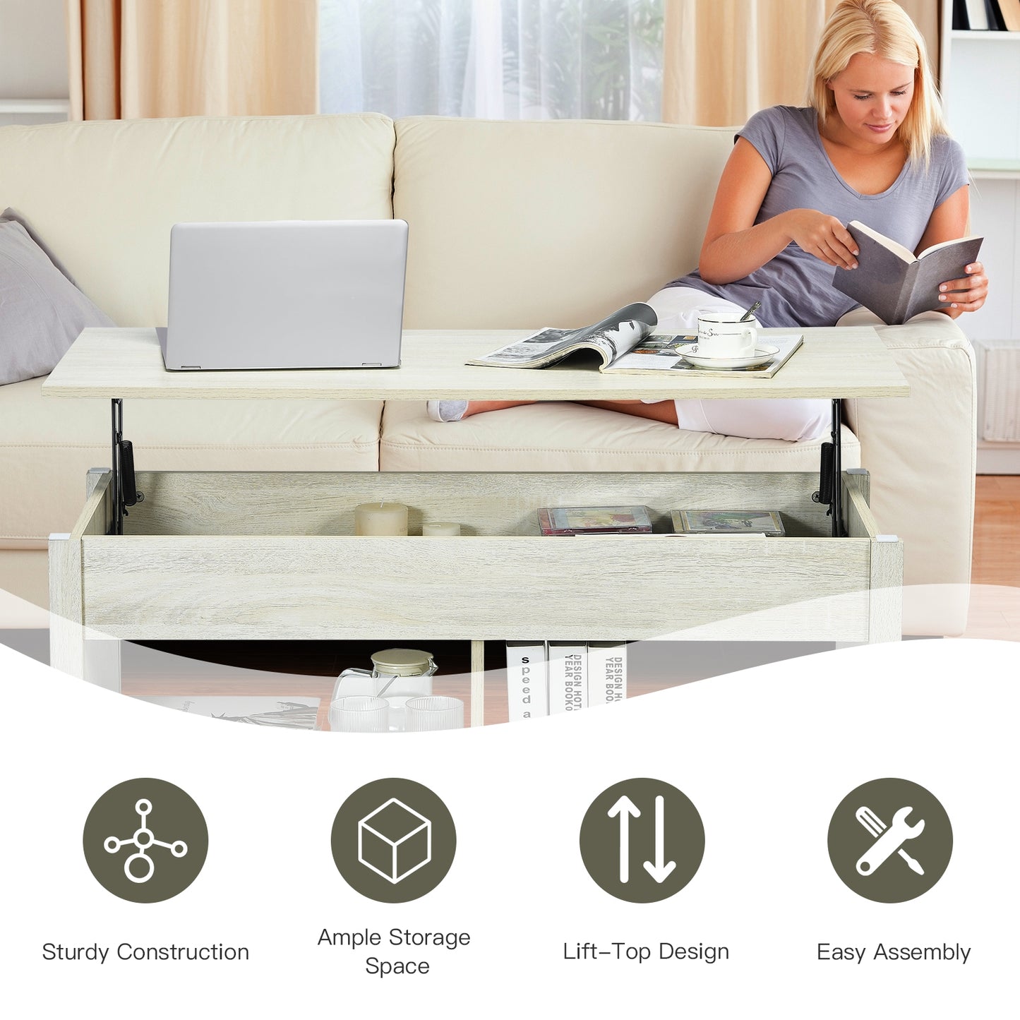 Adjustable Lift Top Coffee Table with Hidden Storage and Lower Shelves in White