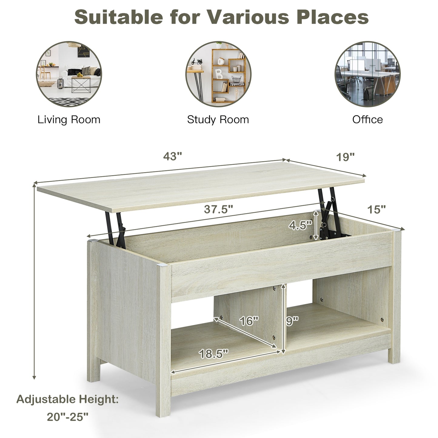 Adjustable Lift Top Coffee Table with Hidden Storage and Lower Shelves in White