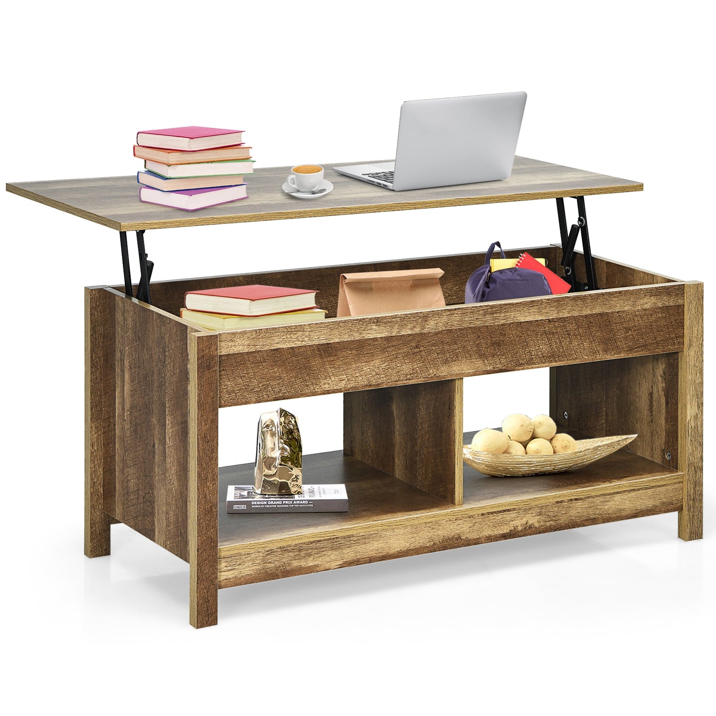 Adjustable Lift Top Coffee Table with Hidden Storage and Lower Shelves in Natural