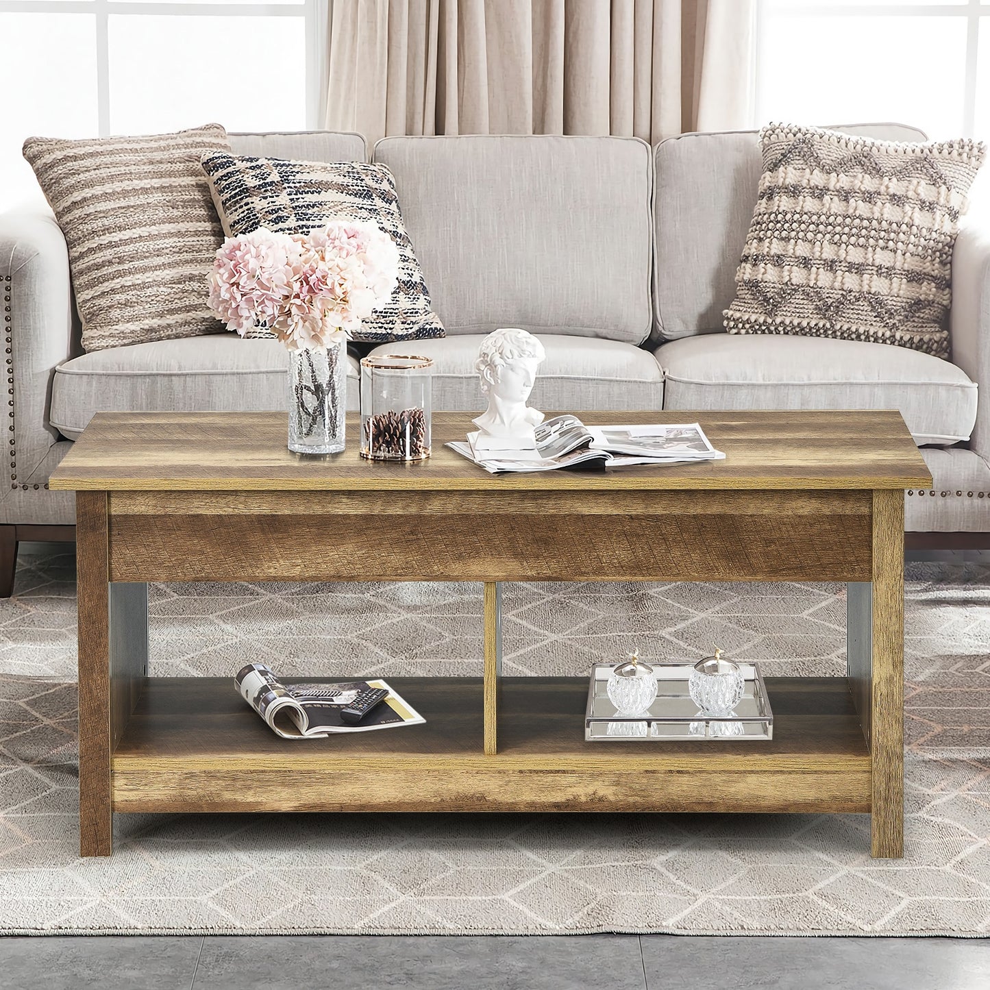 Adjustable Lift Top Coffee Table with Hidden Storage and Lower Shelves in Natural