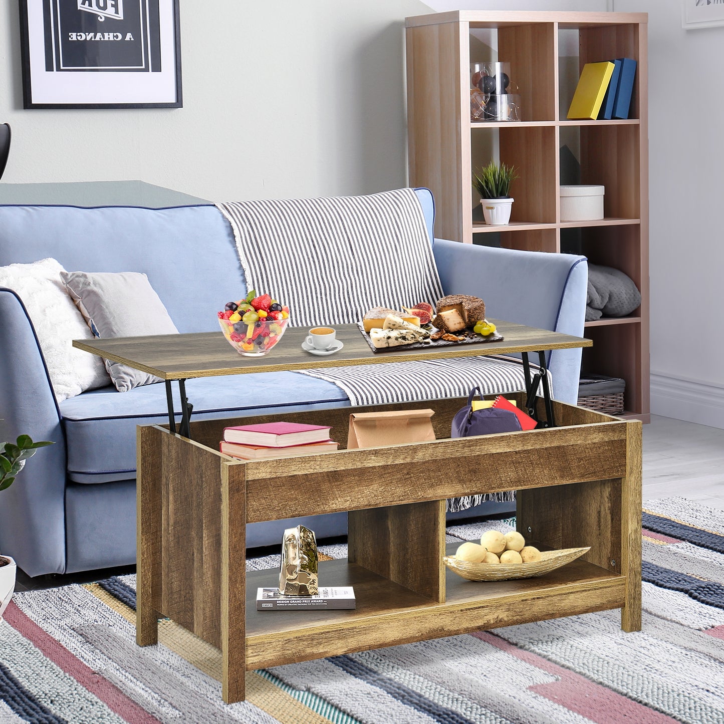 Adjustable Lift Top Coffee Table with Hidden Storage and Lower Shelves in Natural