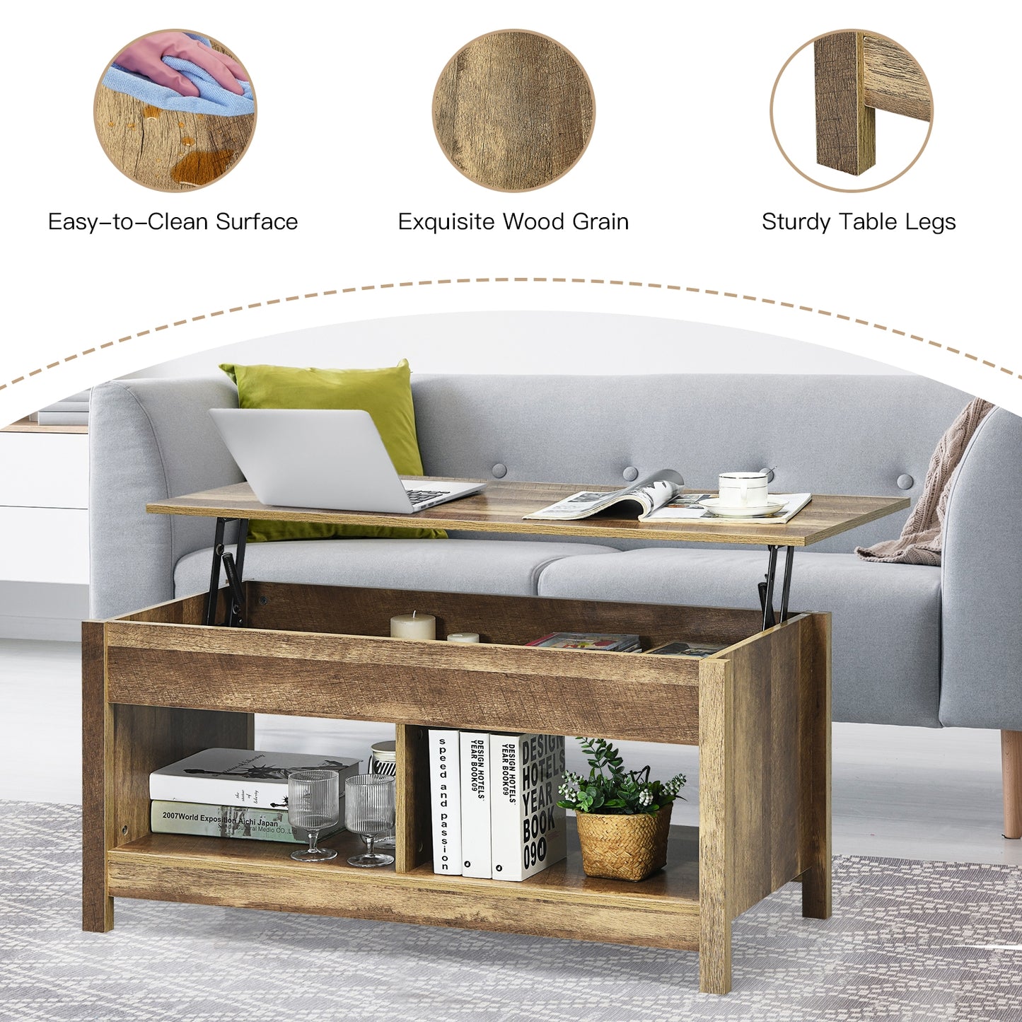 Adjustable Lift Top Coffee Table with Hidden Storage and Lower Shelves in Natural