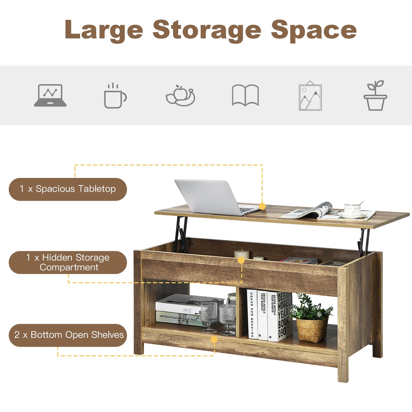 Adjustable Lift Top Coffee Table with Hidden Storage and Lower Shelves in Natural