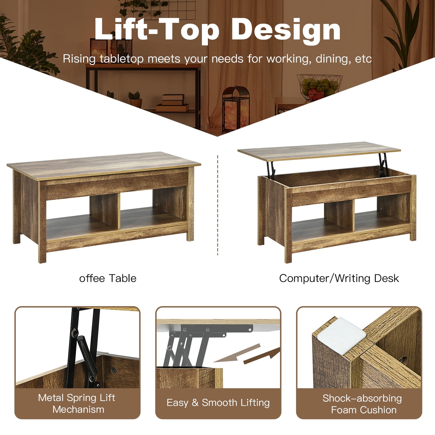 Adjustable Lift Top Coffee Table with Hidden Storage and Lower Shelves in Natural