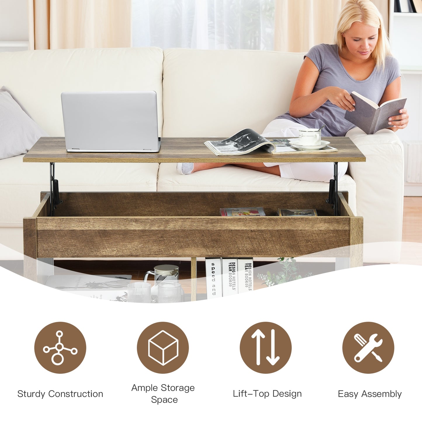 Adjustable Lift Top Coffee Table with Hidden Storage and Lower Shelves in Natural