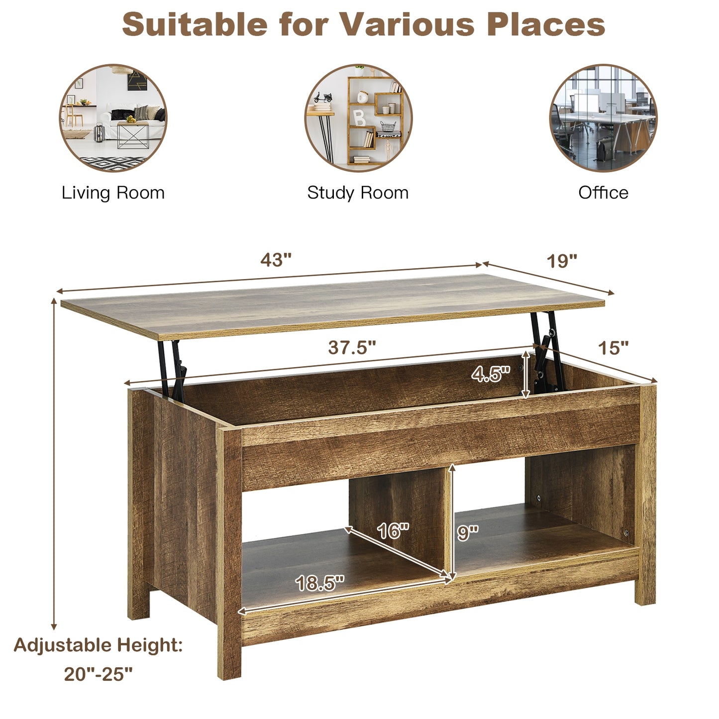 Adjustable Lift Top Coffee Table with Hidden Storage and Lower Shelves in Natural