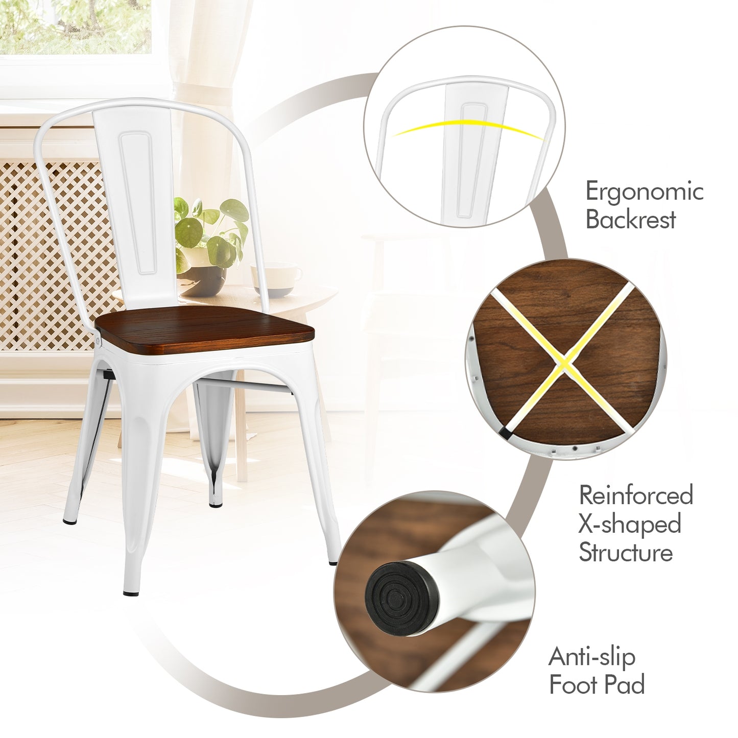 Set of 4 Industrial Metal Dining Chairs with Wood Seat - White