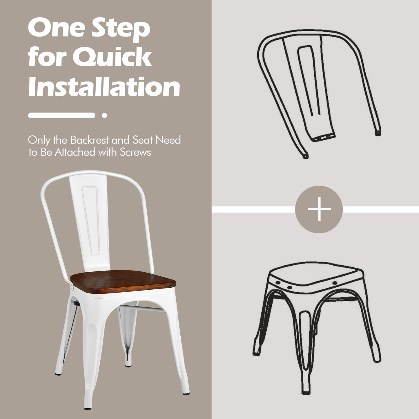 Set of 4 Industrial Metal Dining Chairs with Wood Seat - White