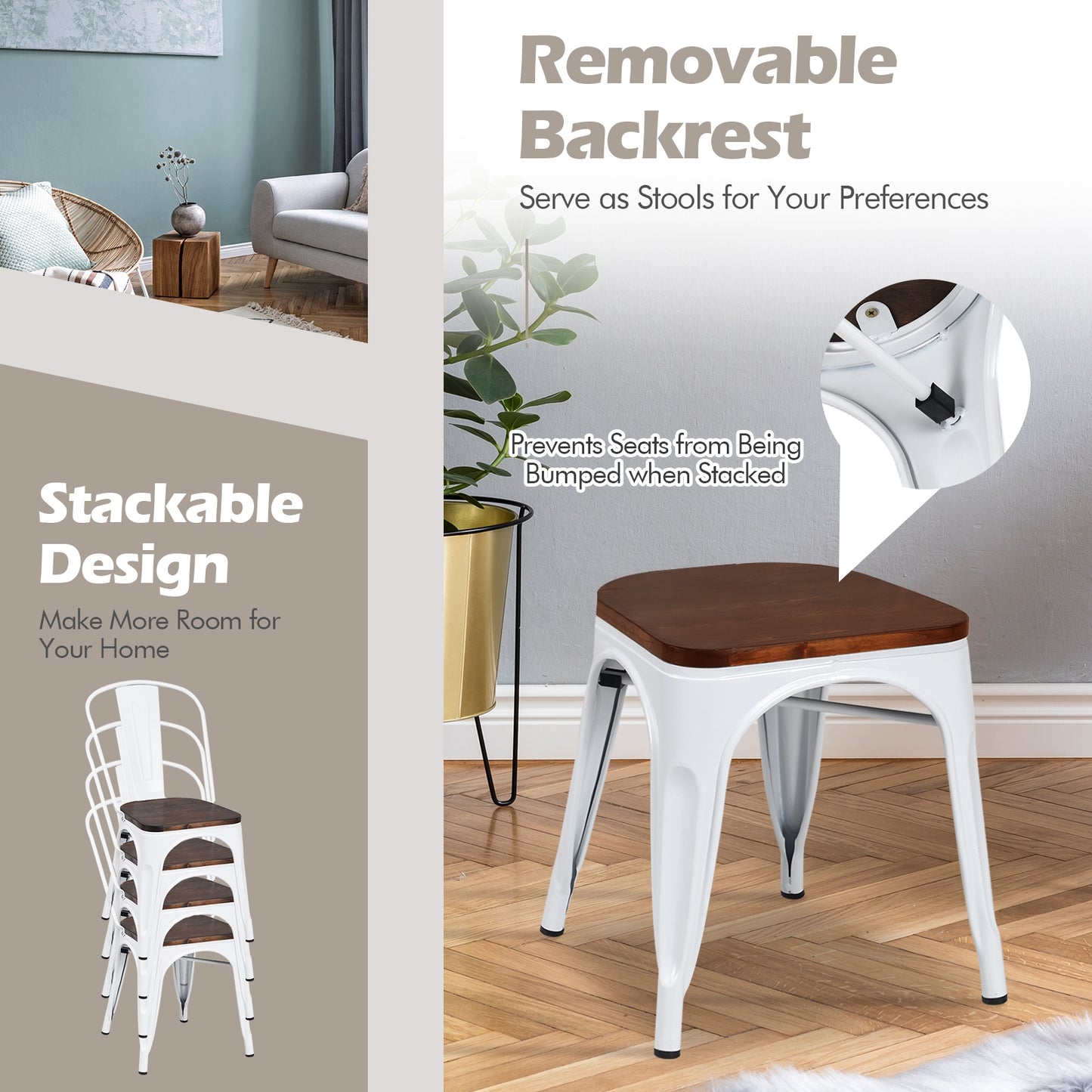 Set of 4 Industrial Metal Dining Chairs with Wood Seat - White