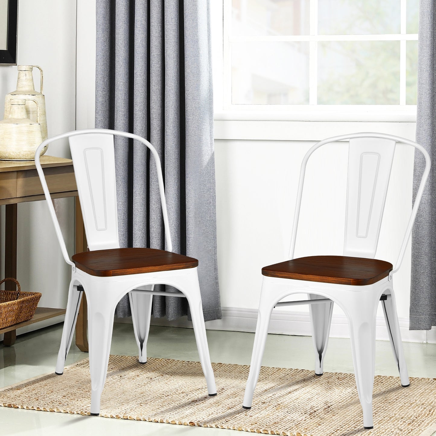 Set of 4 Industrial Metal Dining Chairs with Wood Seat - White