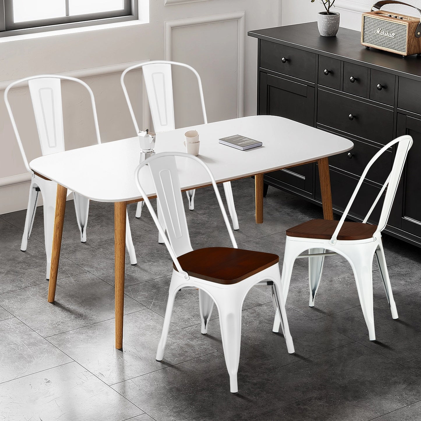 Set of 4 Industrial Metal Dining Chairs with Wood Seat - White