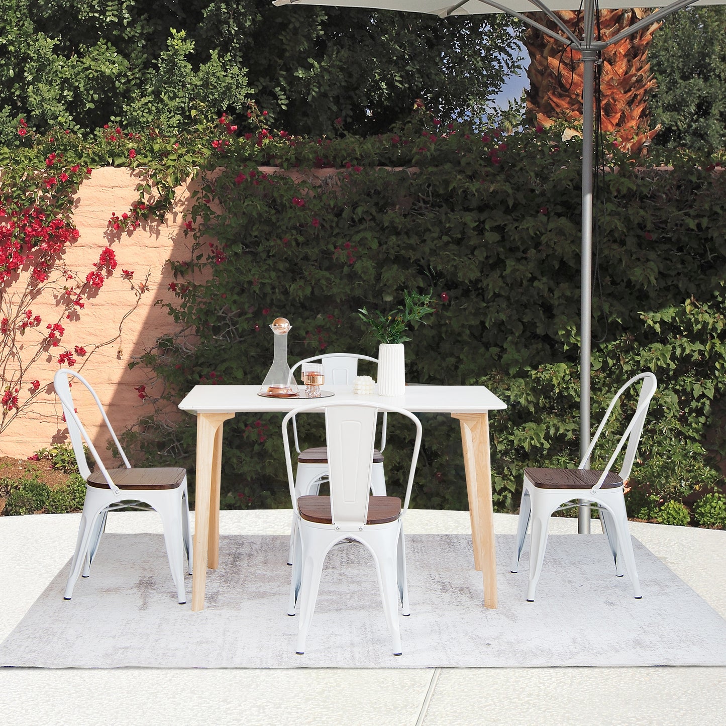 Set of 4 Industrial Metal Dining Chairs with Wood Seat - White