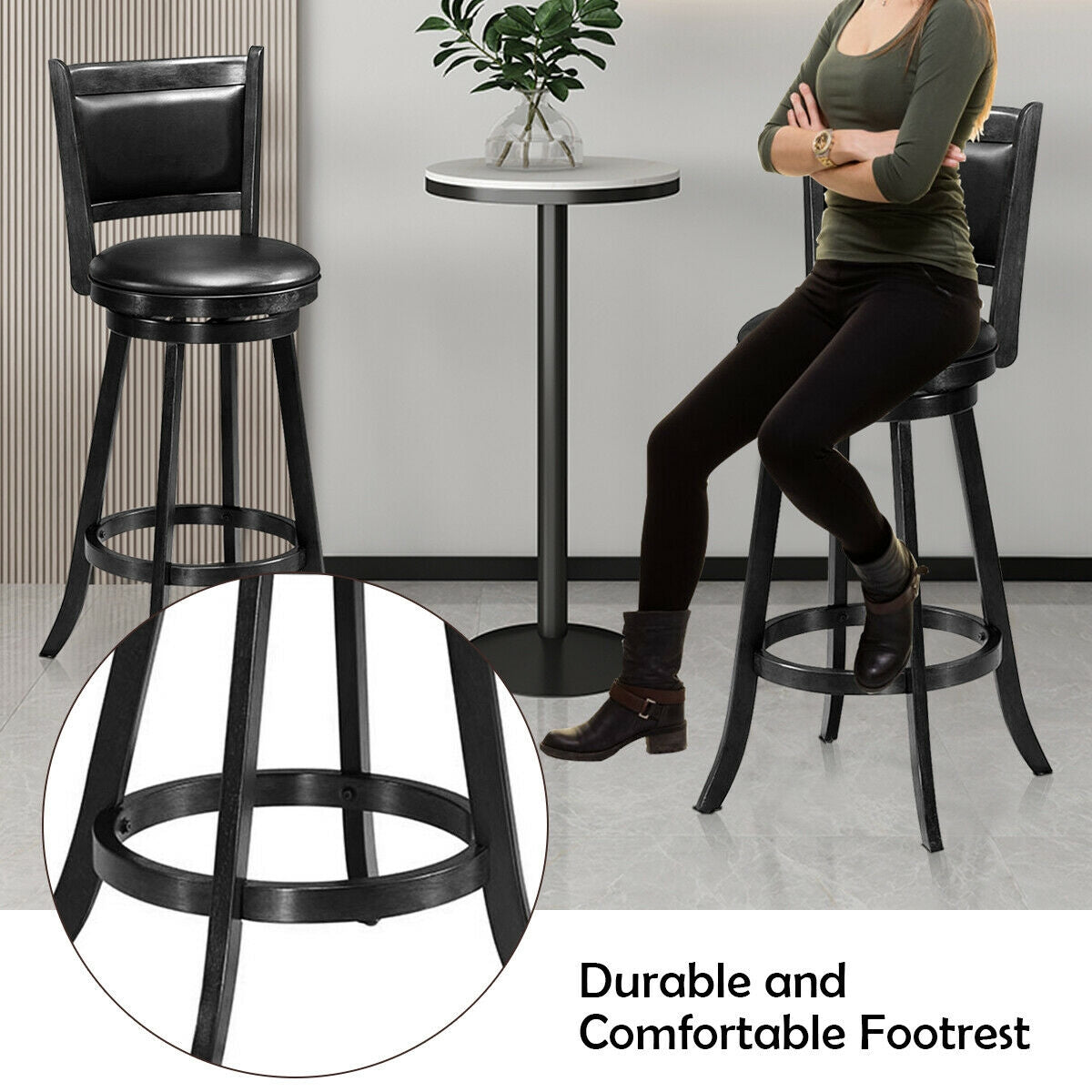 29 Inch Swivel Counter Stools with Upholstered Seats, Set of 2 - Black