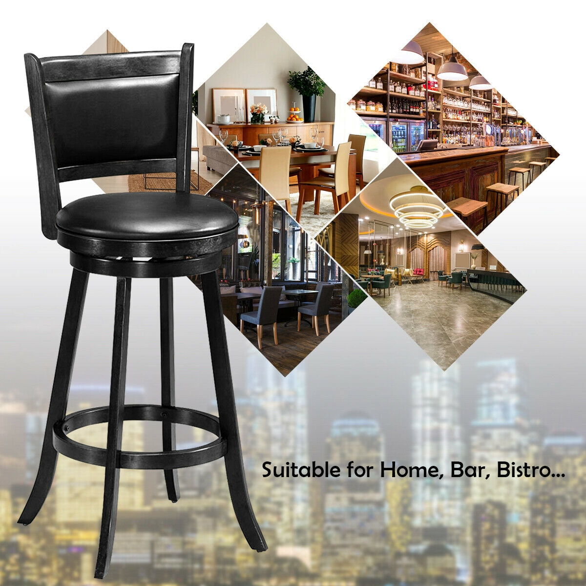 29 Inch Swivel Counter Stools with Upholstered Seats, Set of 2 - Black