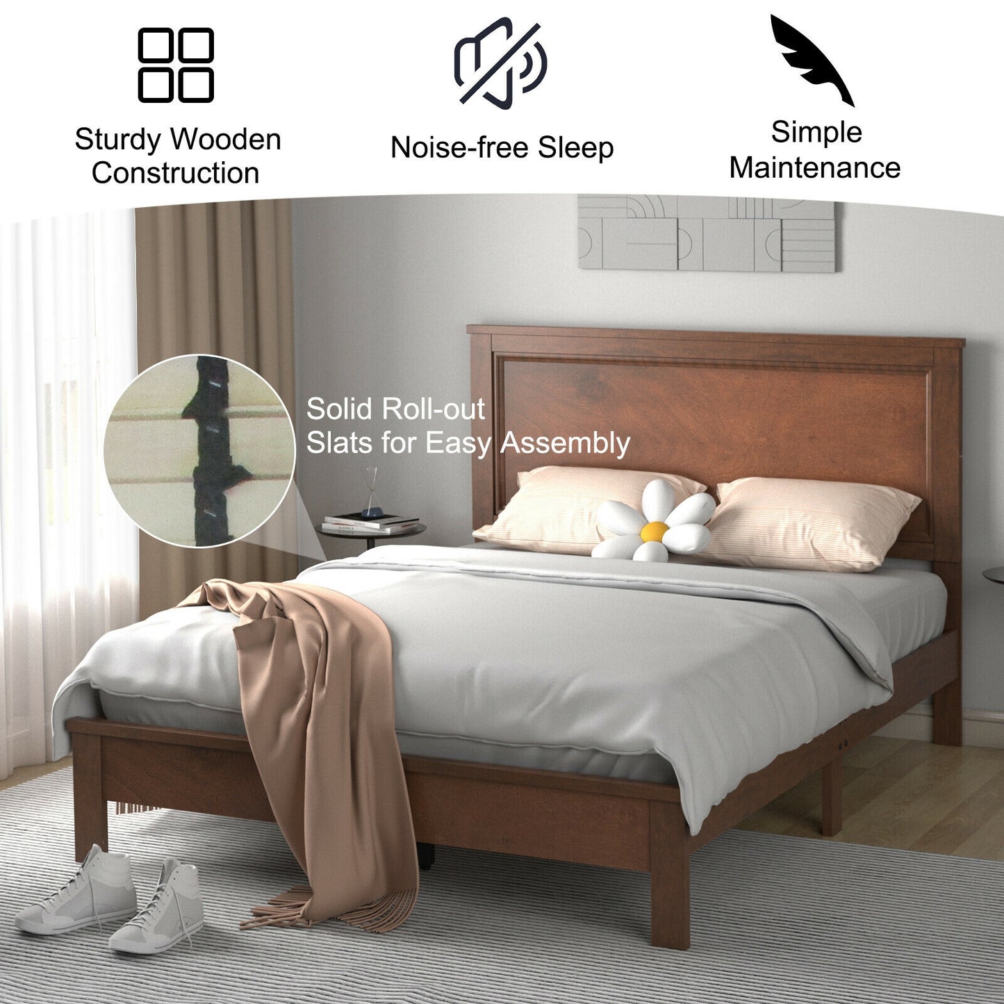 Premium Full Size Platform Bed Frame with High Headboard and Slatted Base – Walnut