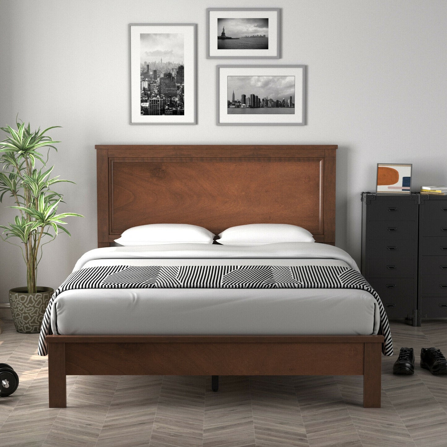 Premium Full Size Platform Bed Frame with High Headboard and Slatted Base – Walnut