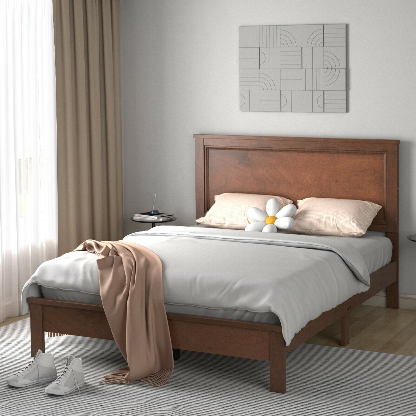 Premium Full Size Platform Bed Frame with High Headboard and Slatted Base – Walnut