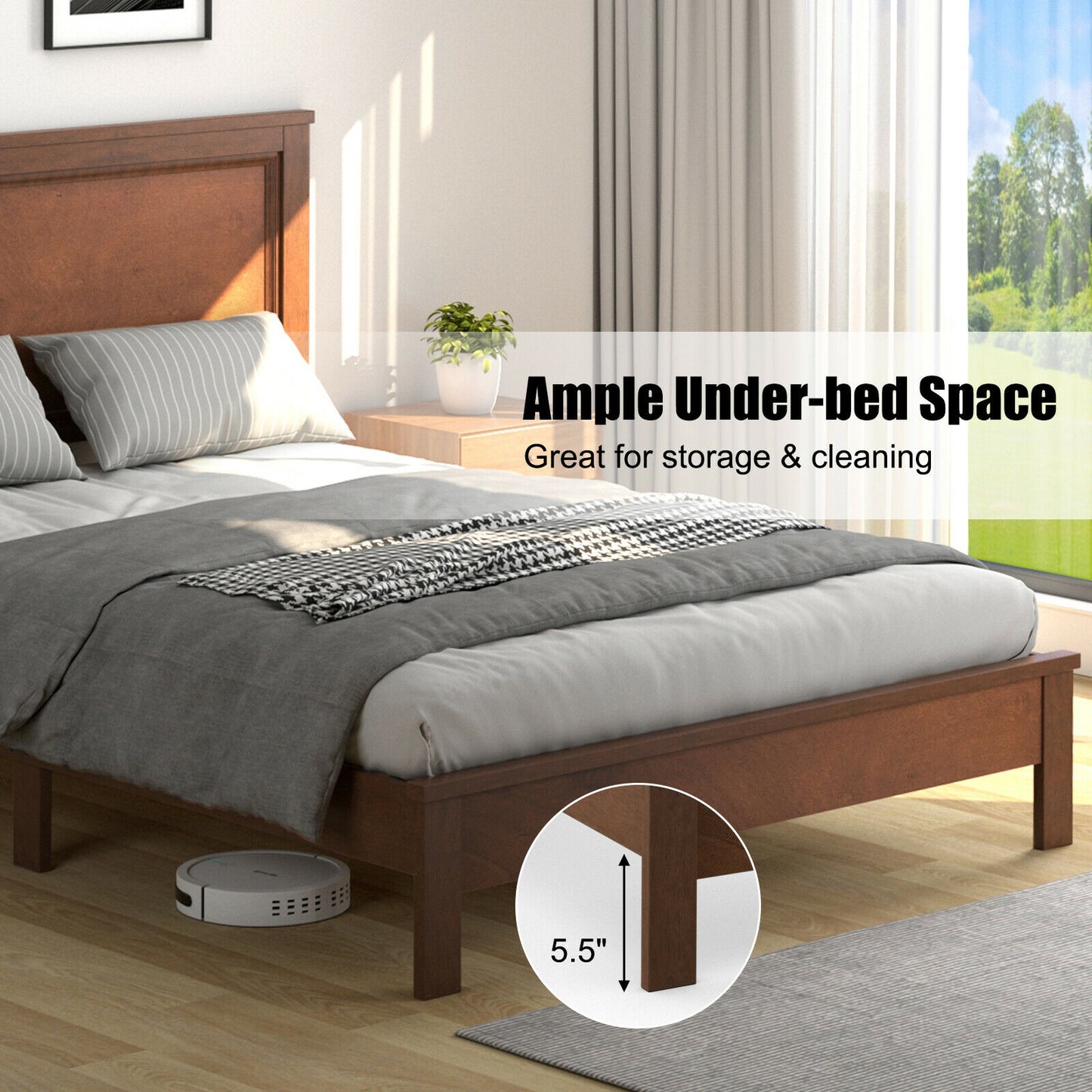 Premium Full Size Platform Bed Frame with High Headboard and Slatted Base – Walnut