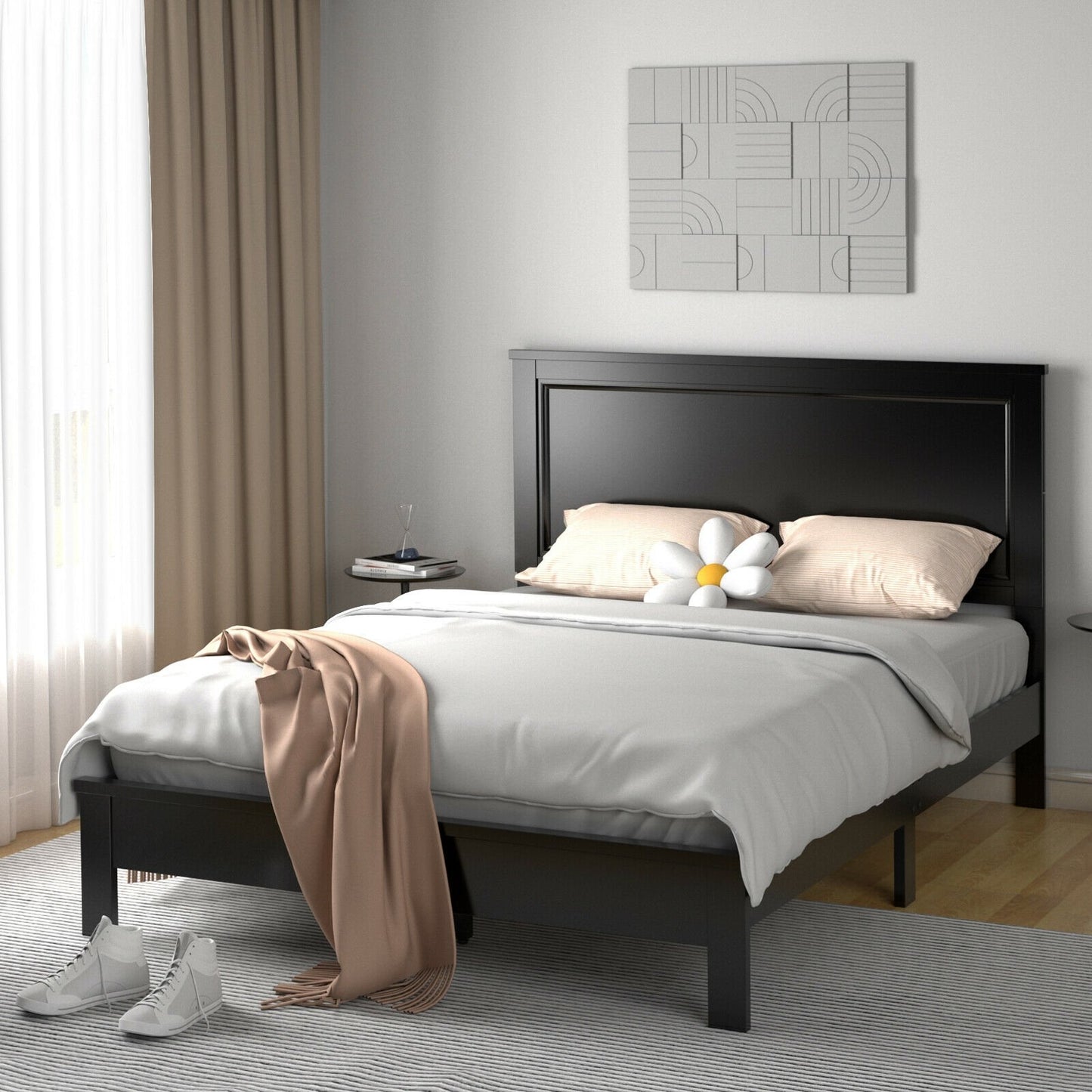 Premium Full Size Platform Bed Frame with High Headboard and Slatted Base – Black