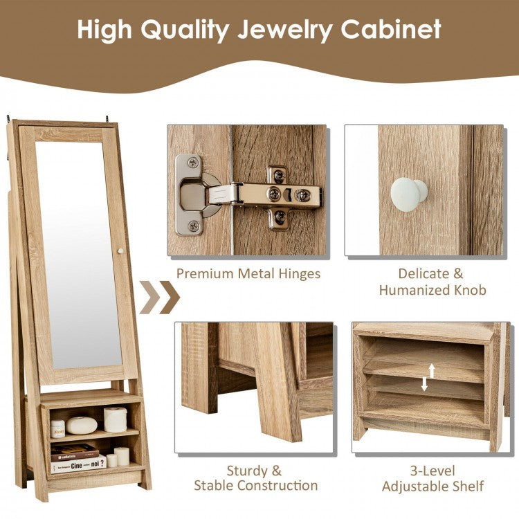 Freestanding Full-Length Mirror Jewelry Armoire with Bottom Storage Shelves
